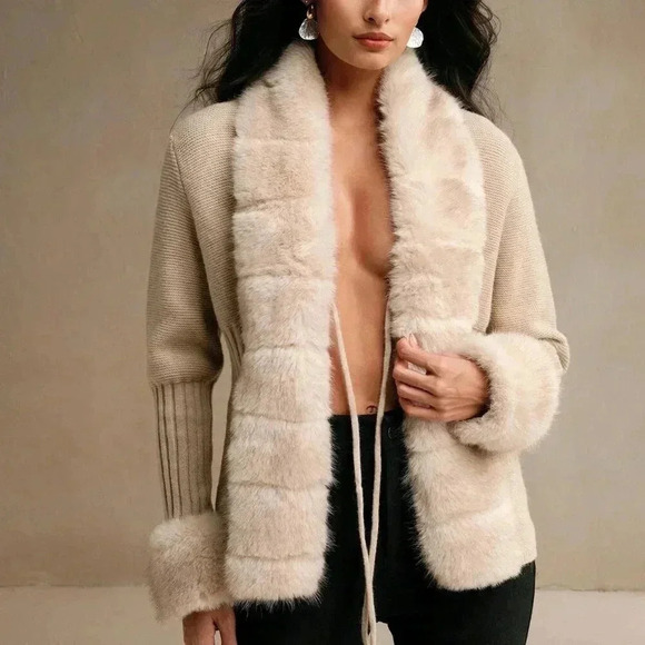 Khaki Casual Women's Elegant Faux Fur Knitted Cardigan Sweater - Picture 4 of 8